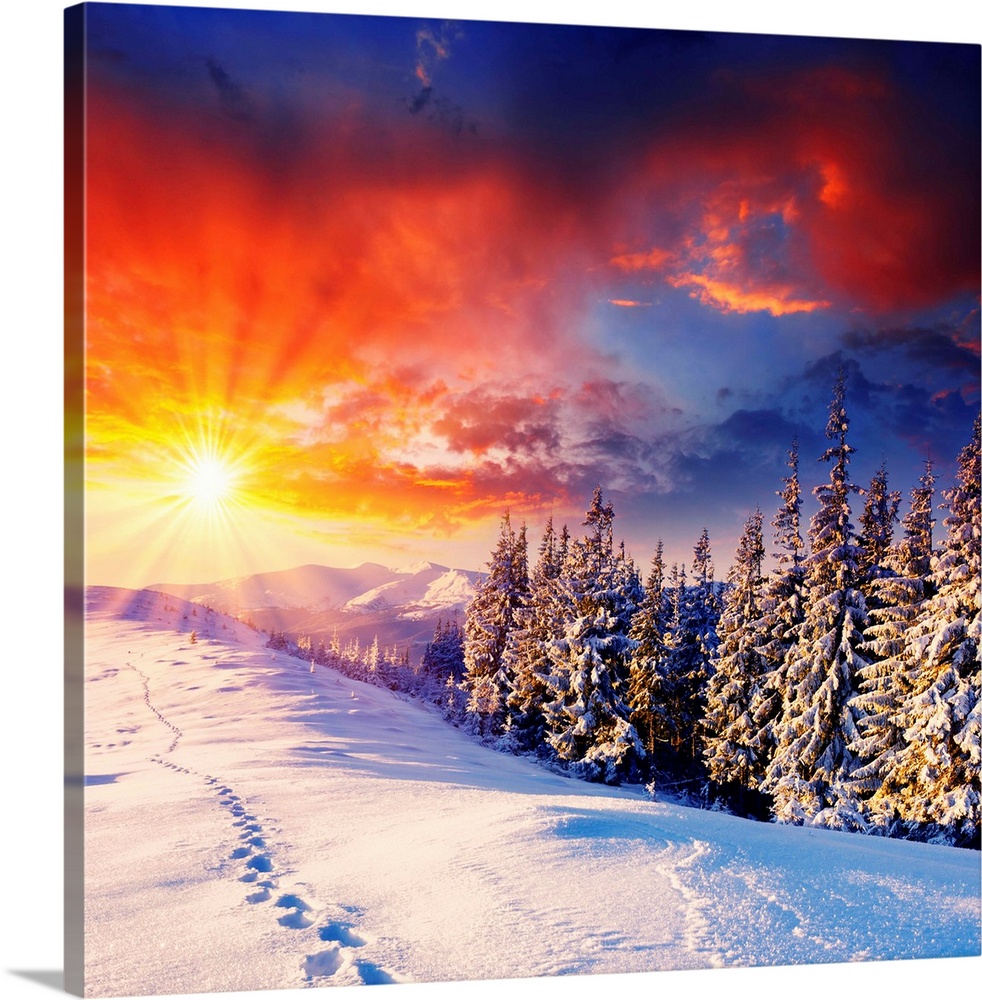 majestic sunset in the winter mountains landscape. HDR image