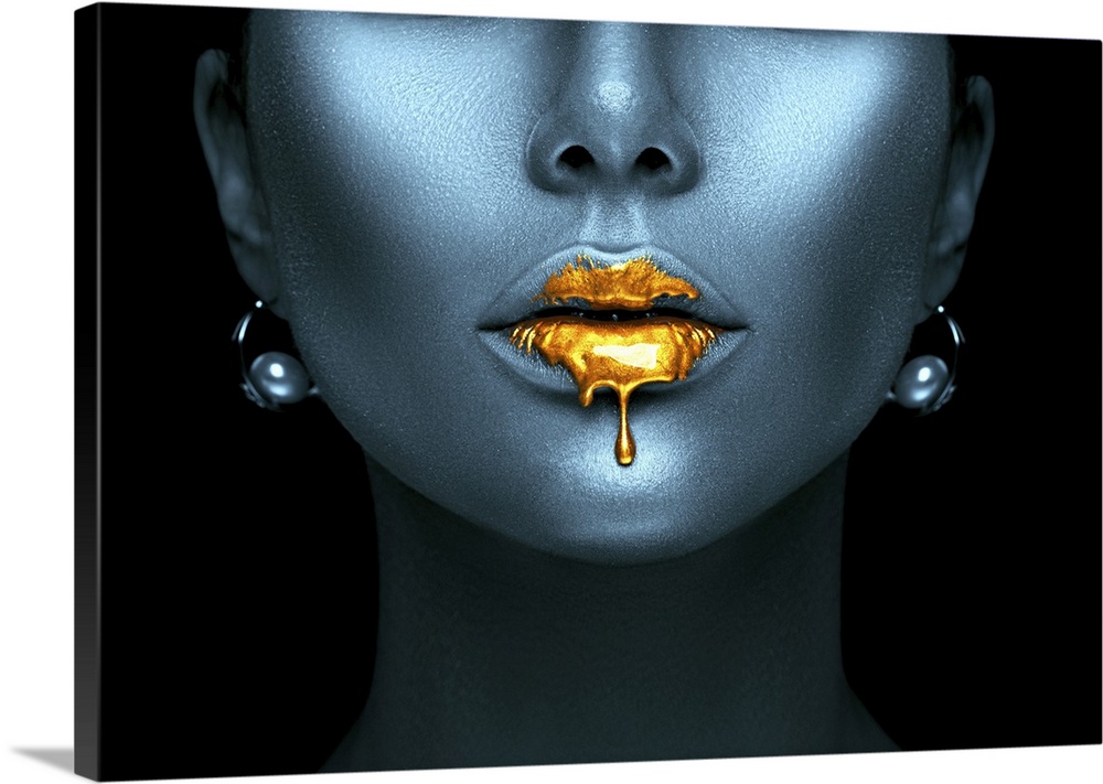 Canvas Quest 36 x 24 - Gold Woman Face Wall Art Fashion Metal Print, golden  paint dripping from lips