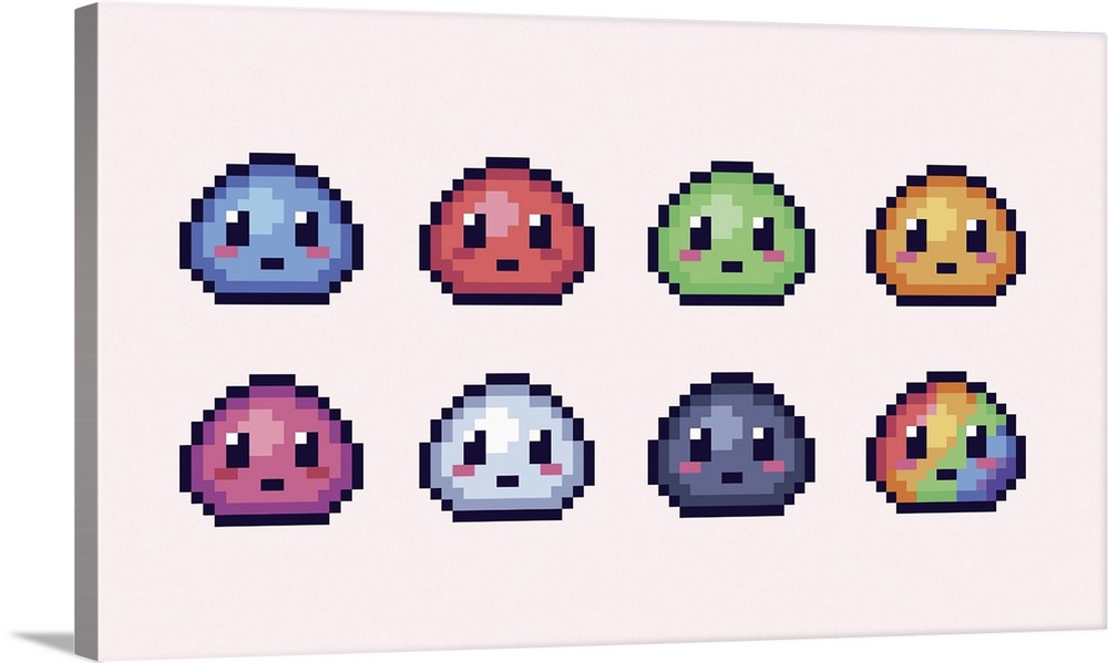 Set of cute colorful blobs with eyes. Kawaii ooze 8 bit sprite.