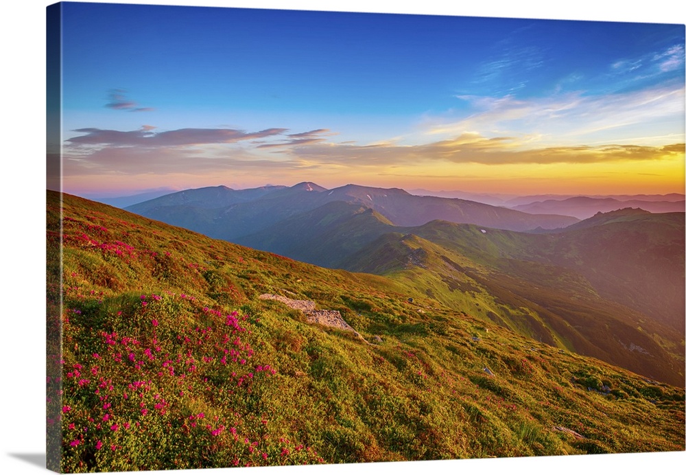 Mountain Landscape With Colorful Vivid Sunrise On The Blue Sky