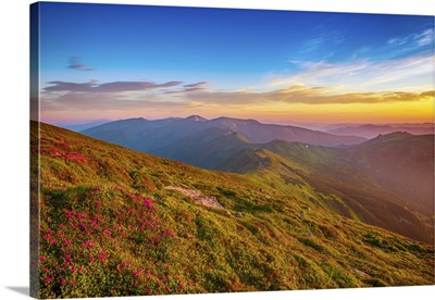 Mountain Landscape With Colorful Vivid Sunrise On The Blue Sky