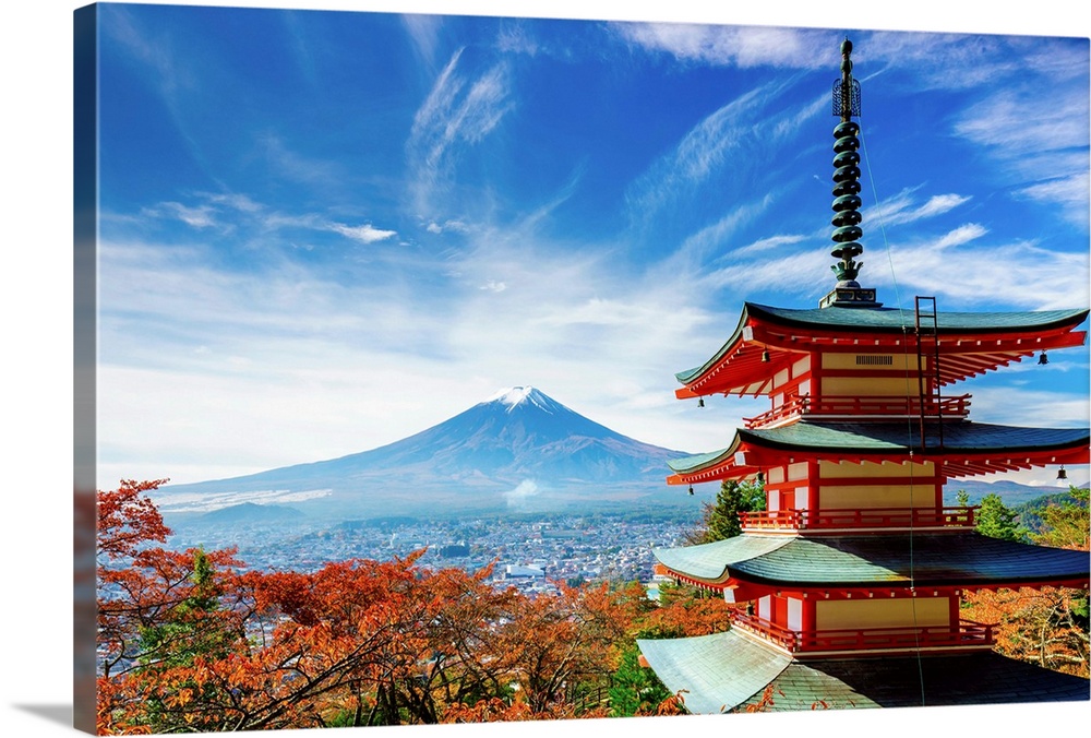 Japanese Temple In Autumn Black White Red Canvas Wall Art Picture Print 
