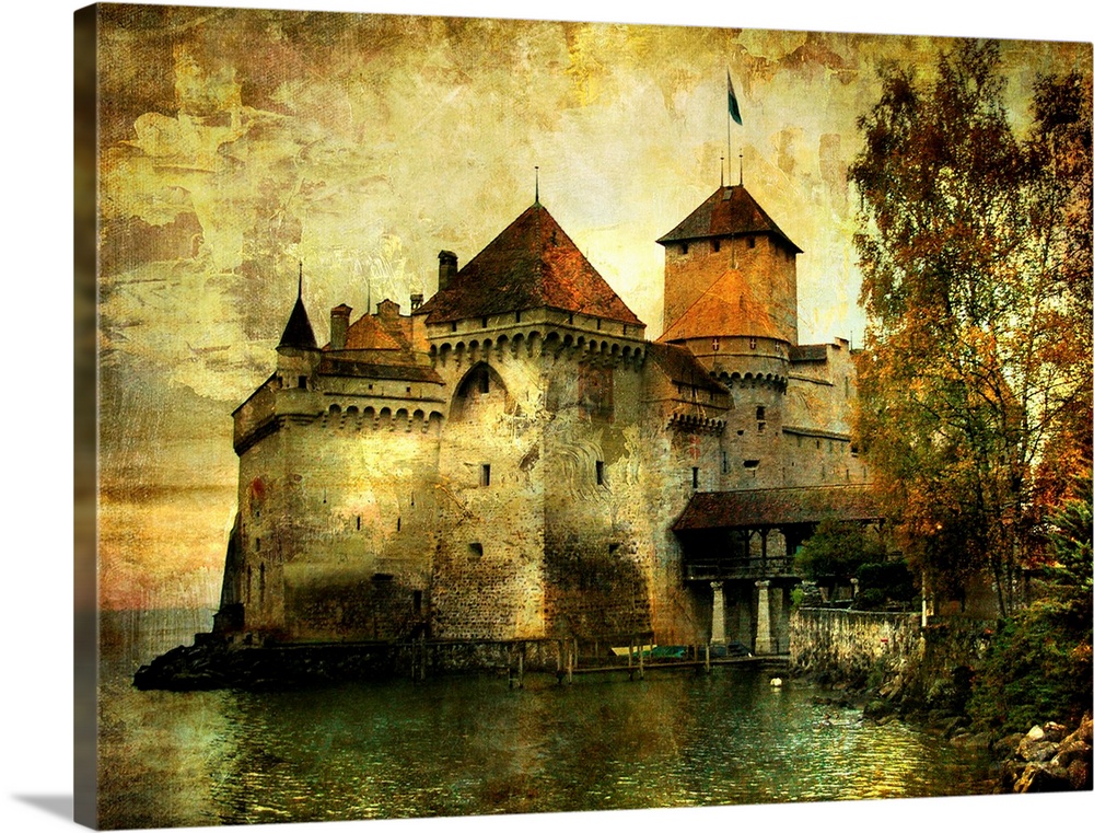 mysterious castle on the lake - artwork in painting style