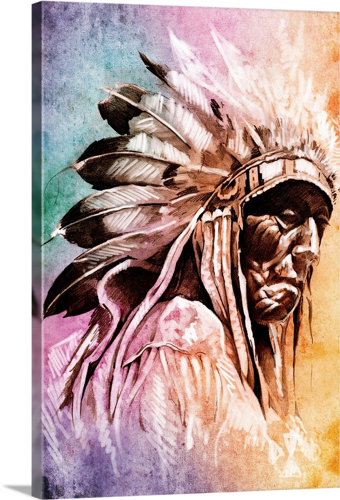 Sketch of tattoo art, indian head over colorful background