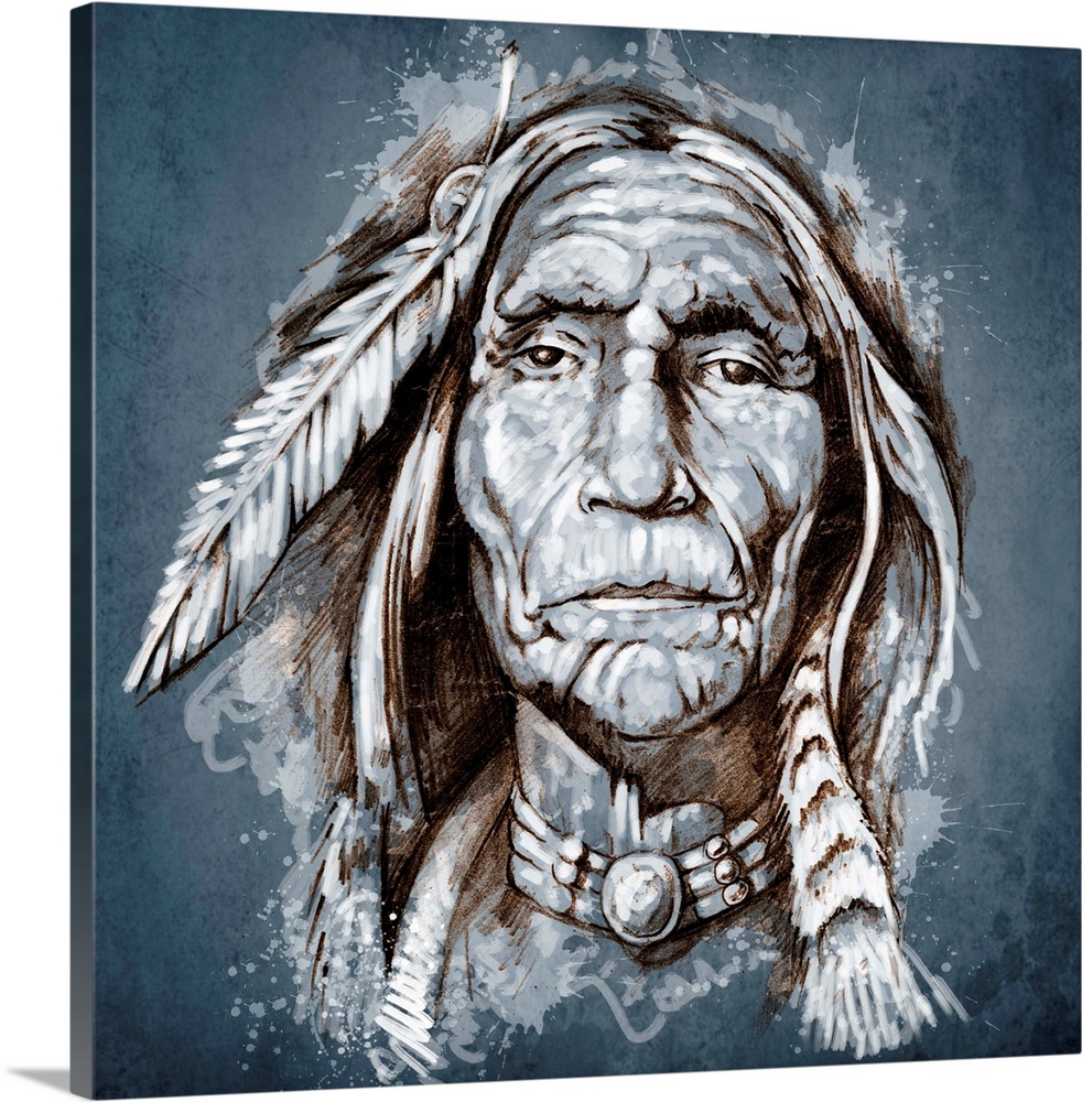 Sketch of tattoo art, portrait of american indian head