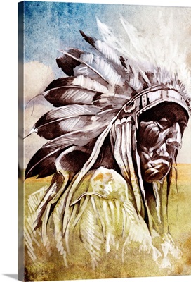 Native American, Profile Portrait Over Field