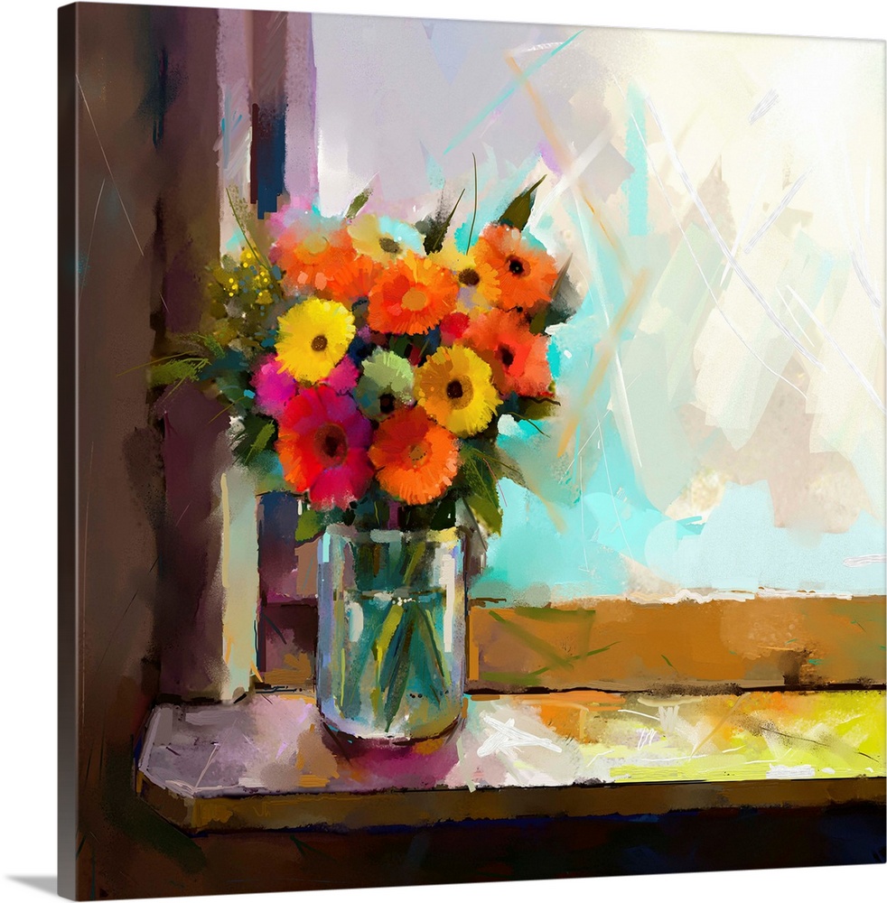Oil painting of a flowers in a glass vase on a window sill.