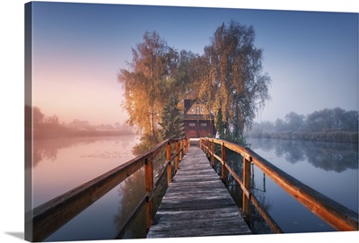 Old Fisherman House And Wooden Pier At Foggy Morning In Autumn, Ukraine