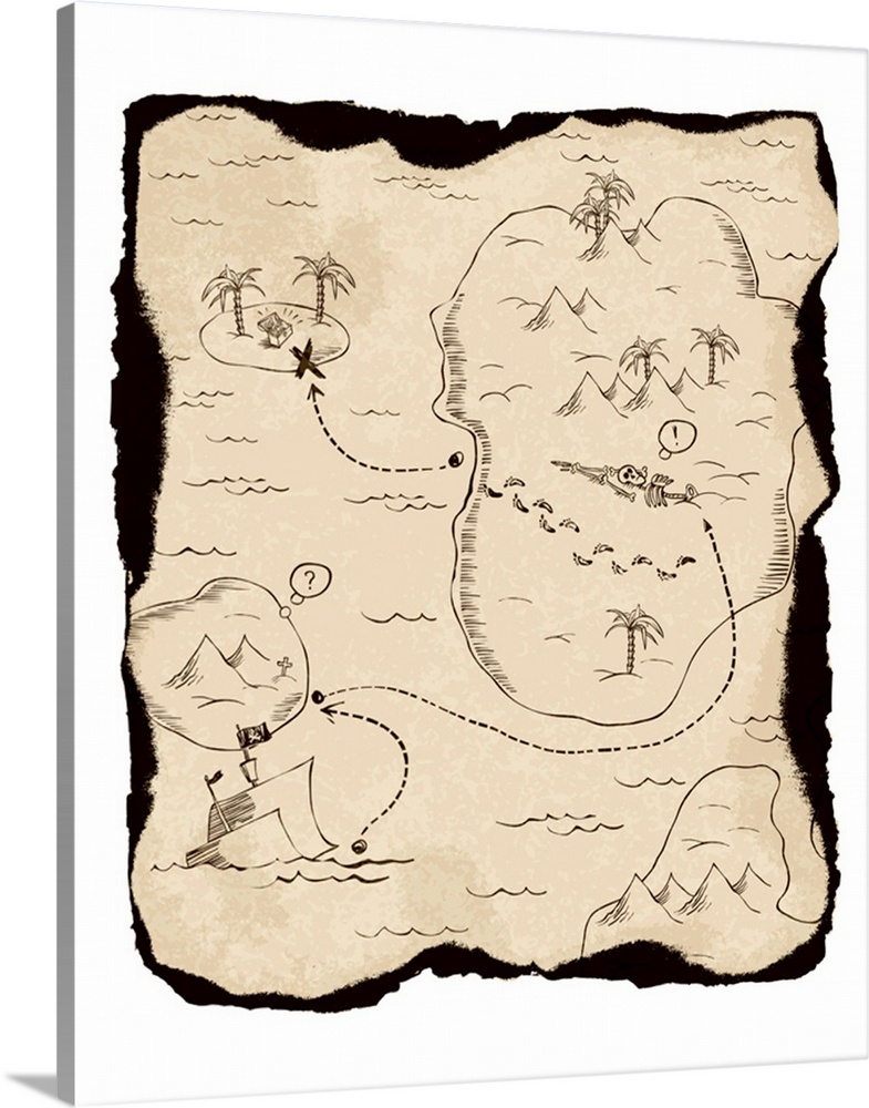 Old treasure map with burned edges. On white background, vector illustration.
