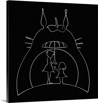 One Line Art, Totoro Mei And Satsuki Under Umbrella