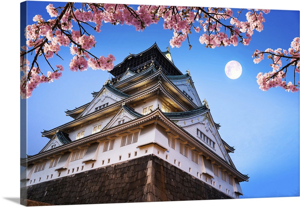 Osaka Castle With Cherry Blossoms And Moon, Japan