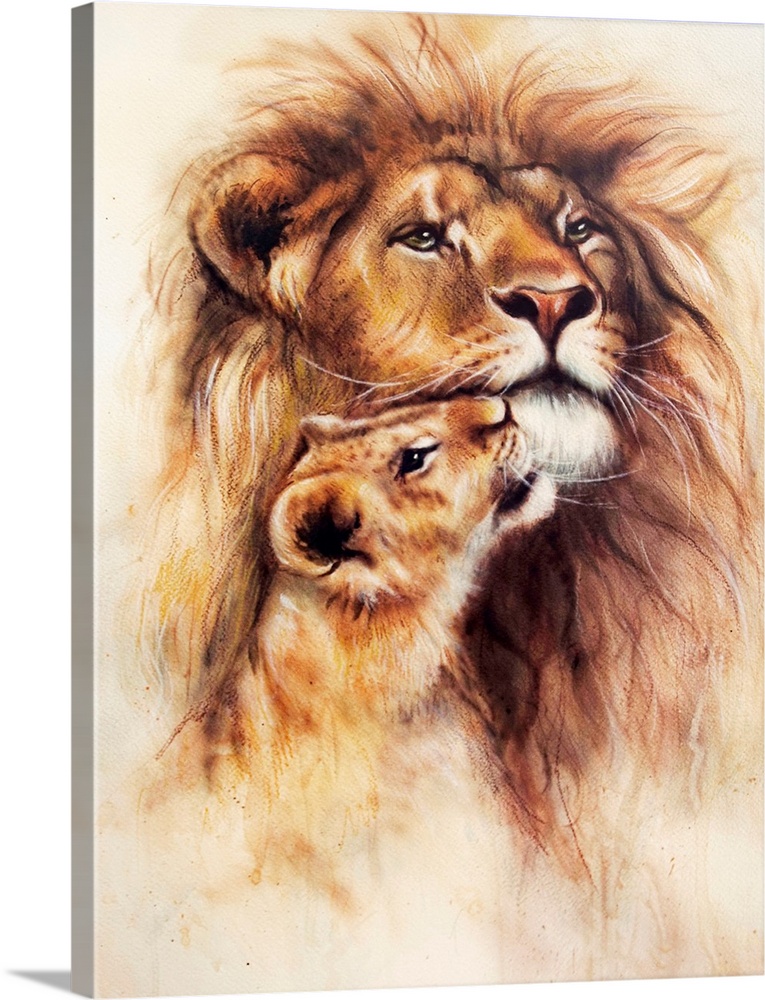 An airbrush painting of a loving lion and cub.