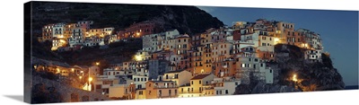Panoramic View Of Italian Buildings Over Cliff In Manarola, Cinque Terre, Italy