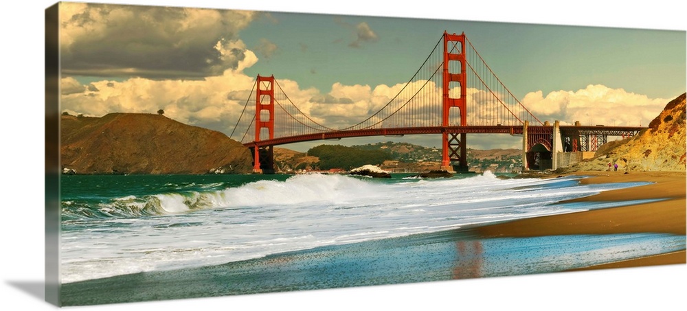 Panoramic view on Golden Gate bridge as seen from Baker Beach in San Francisco, California.