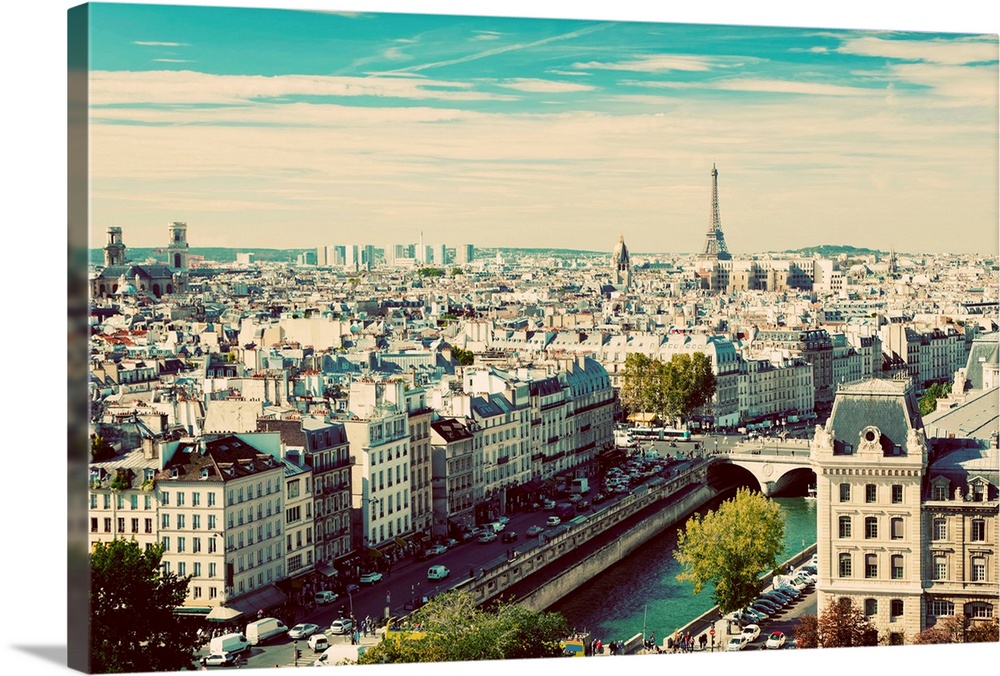 Paris panorama, France. View on Eiffel Tower and Seine river from Notre Dame Cathedral. Vintage, retro style