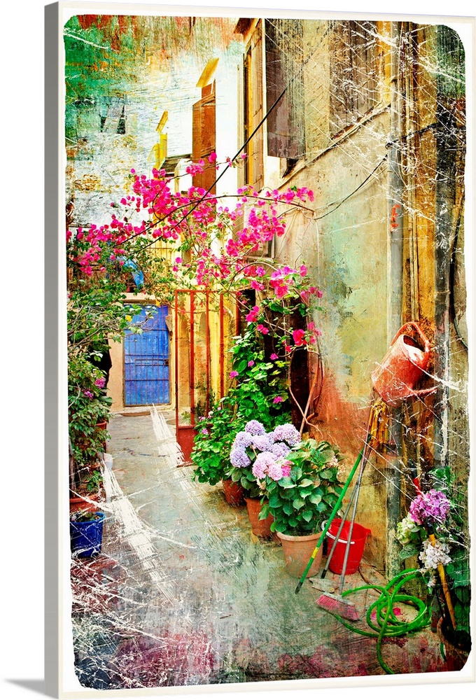 pictorial courtyards of Greece- artwork in retro painting style