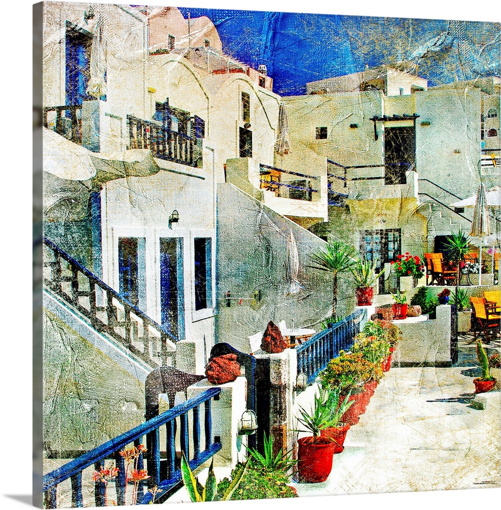 pictorial courtyards of Santorini -artwork in painting style