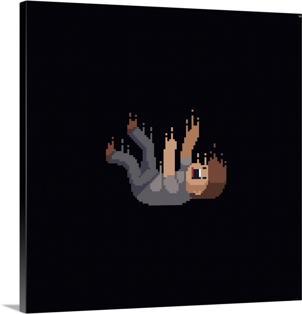 Pixel art male character falling into darkness.