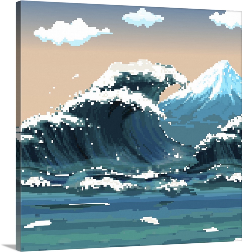 Pixel art of 19th century great wave with mount fuji. Originally 8 bit vector.