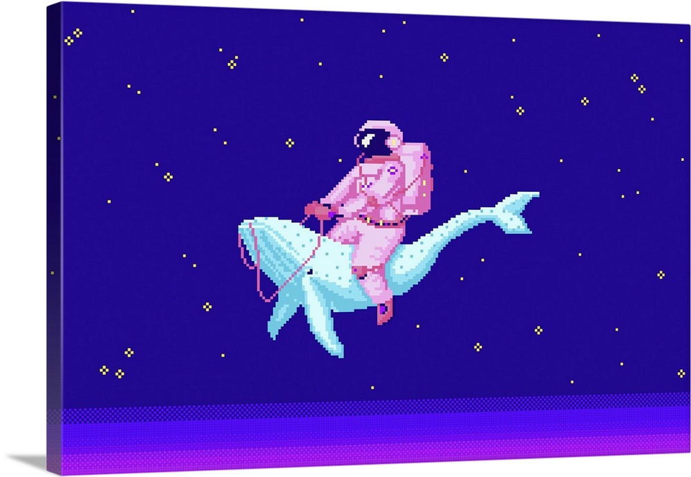 Pixel art astronaut. 8-bit spaceman. Space art, cosmonaut on a whale. Vintage game style. Originally a vector illustration.