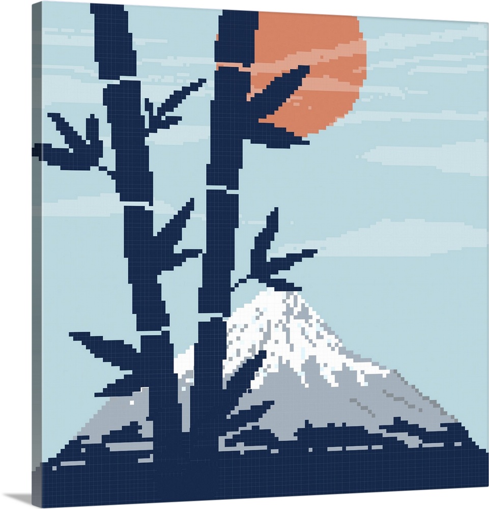 Pixel bamboo, mountain fuji and red sun.