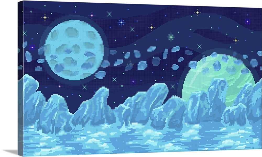 Space pixel art. Ice landscape with mountains, planet and stars. 8 bit galaxy area with few planets.