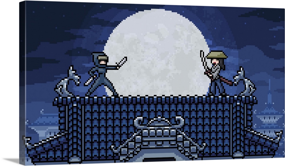 Pixel art scene. Ninja and samurai classic fight.