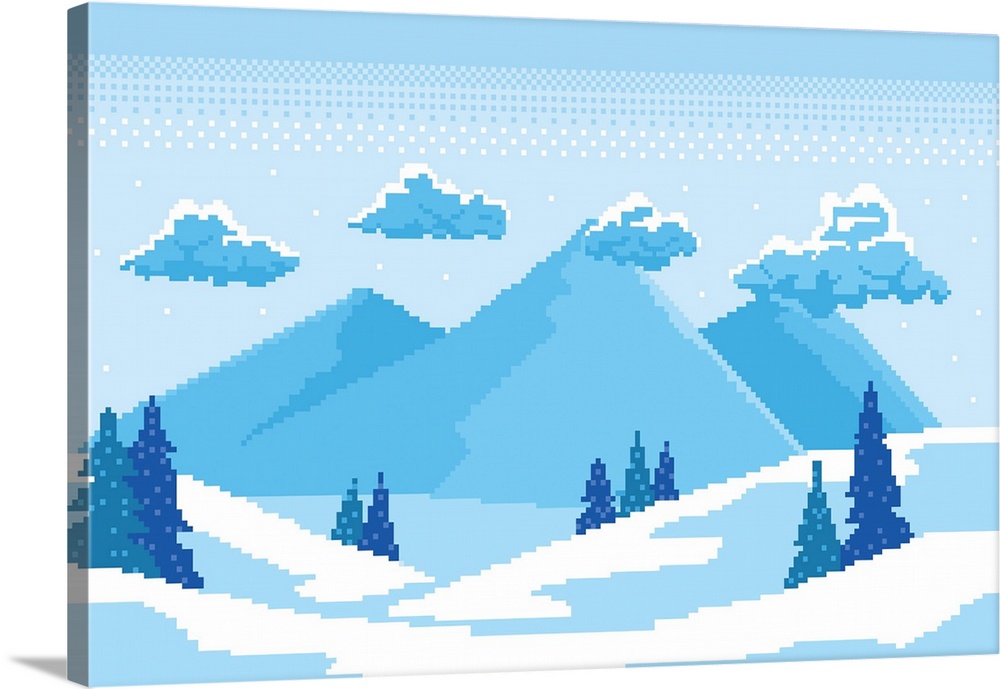 Winter pixel art. Winter fir trees covered in white snow.