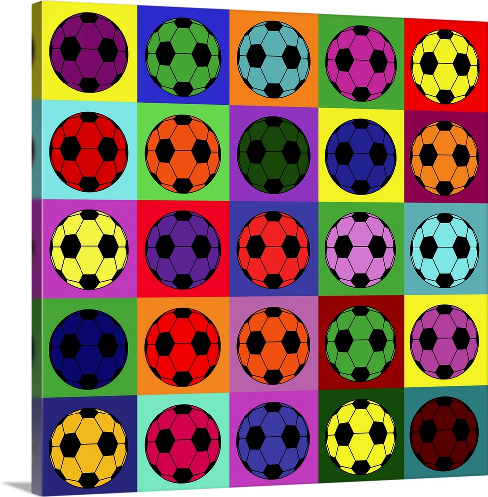 Pop art stylized grid of multi-colored soccer balls
