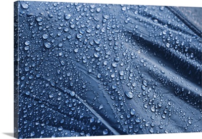 Rain Water Droplets On Dark Blue Rainproof Tent Sheet, Morning