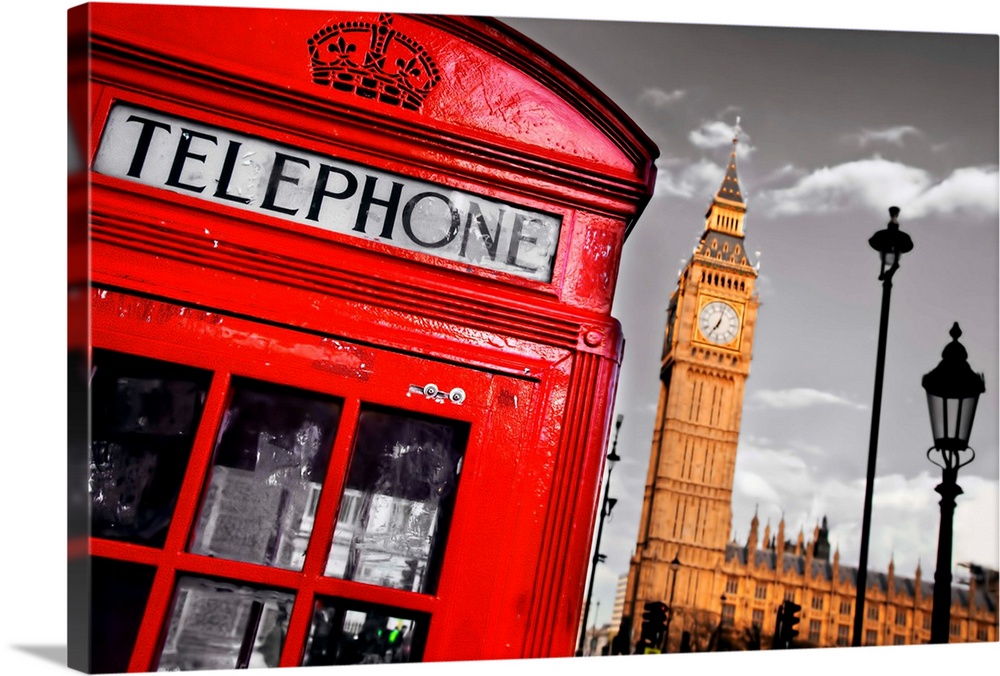 Red telephone booth and Big Ben in London, England, the UK. The symbols of London on black on white sky.