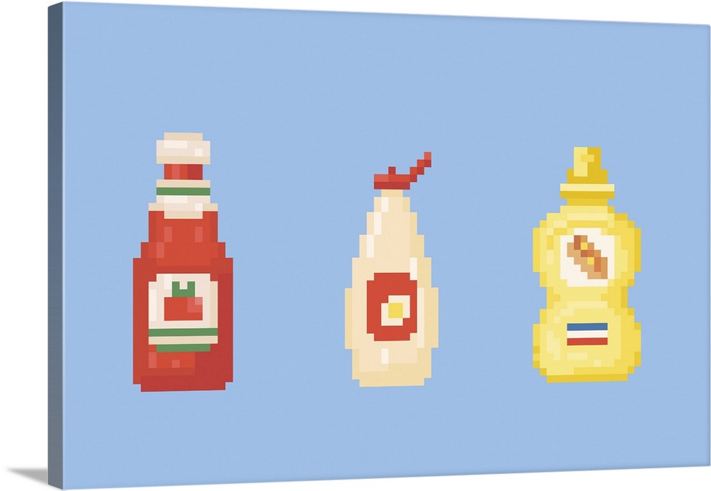 Sauces icon set. Tomato ketchup, mayonnaise and mustard. Pixel fast food sauce bottles.
