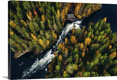 River With Foot Bridge And Cabin In Autumn Autumn, Oulanka National Park, Finland