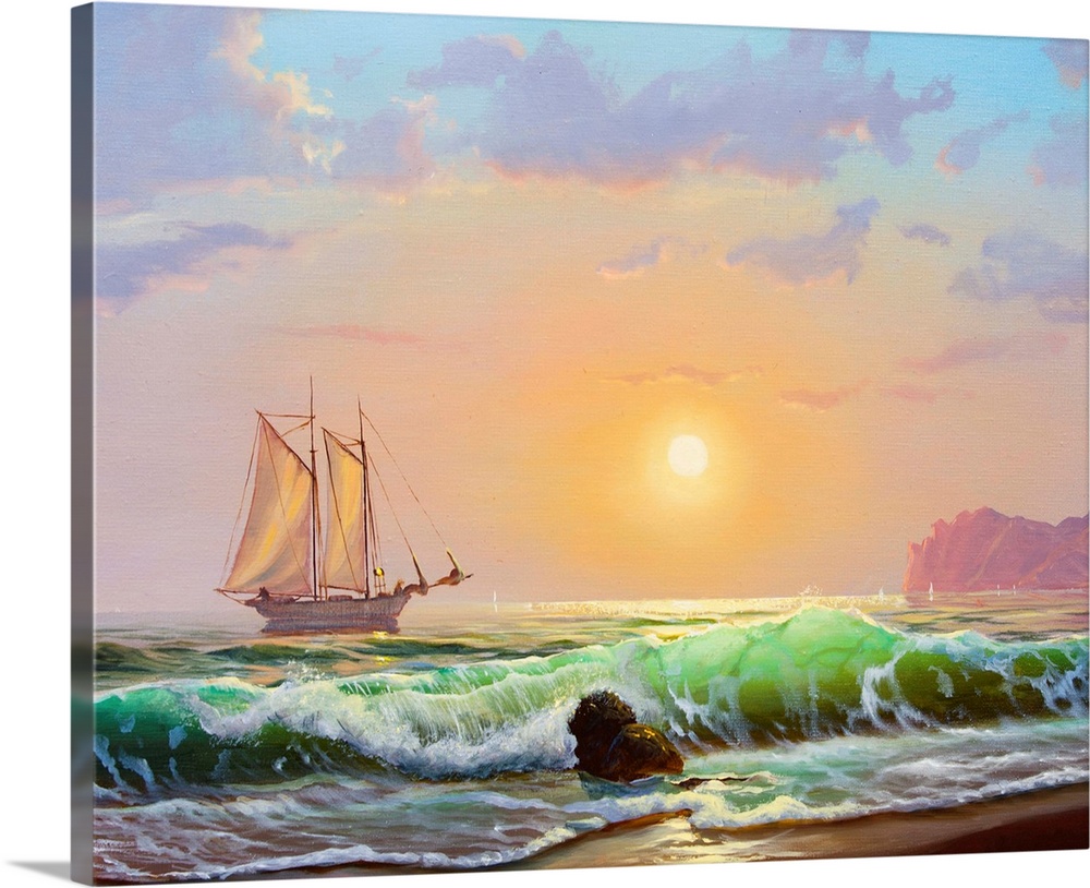 Oil painting on canvas , sailboat against a background of sea sunset