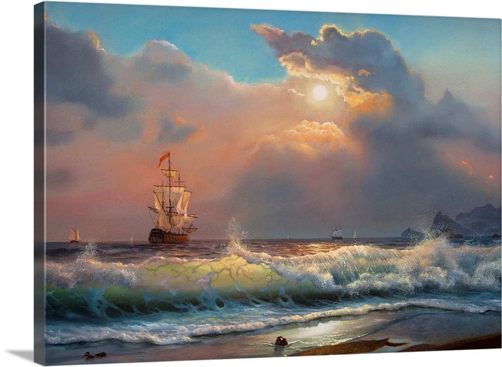 Oil painting on canvas , sailboat against a background of sea