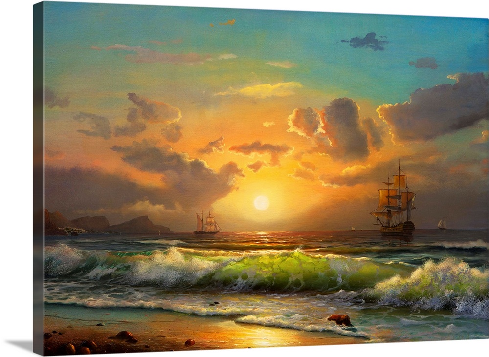 sailboat against a background of sea sunset, Oil painting