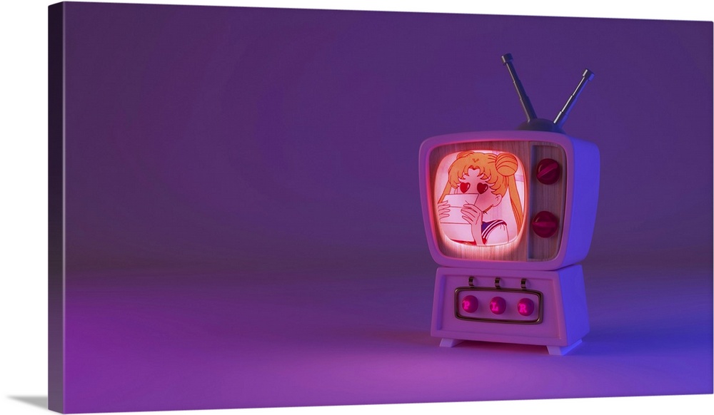 3d rendering sailor moon on tv channel. Pink retro television set with buttons.