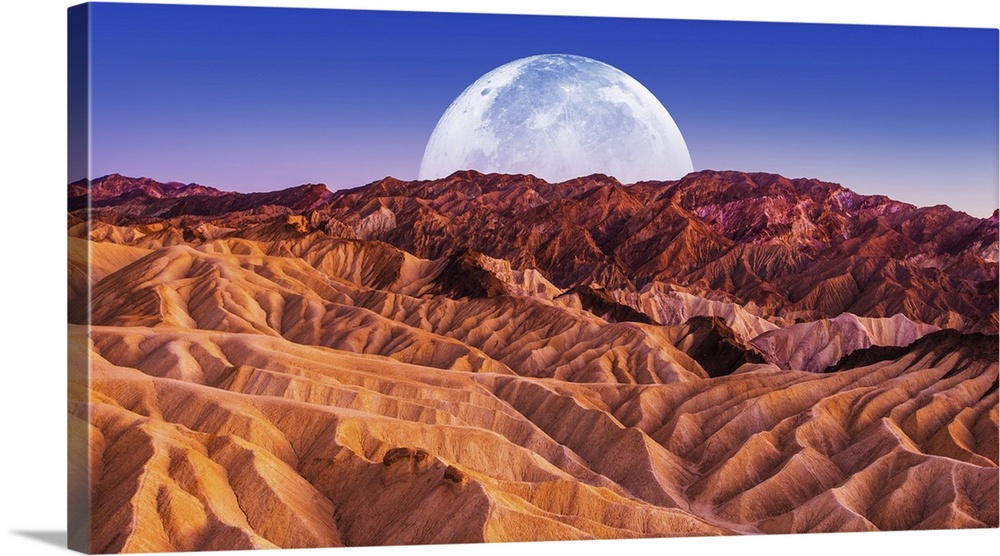 Sandstones Landscape And The Moon, Death Valley National Park Badlands, California