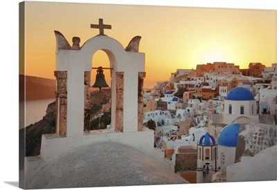 Santorini Skyline Sunset With Church Bell And Buildings In Greece
