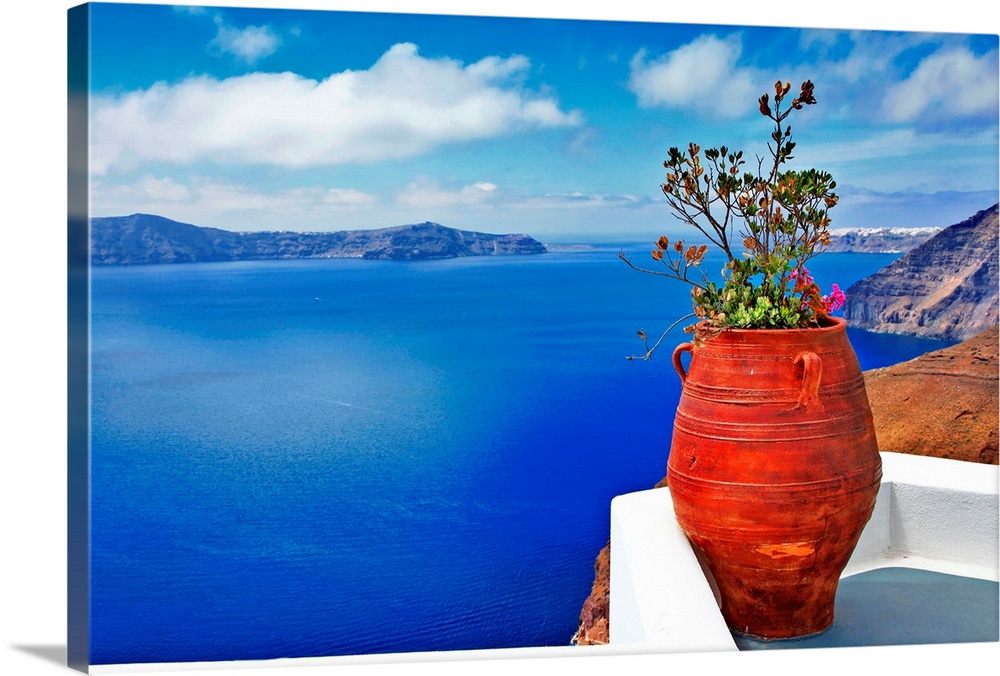Seascape vista from village in Santorini in Greece.