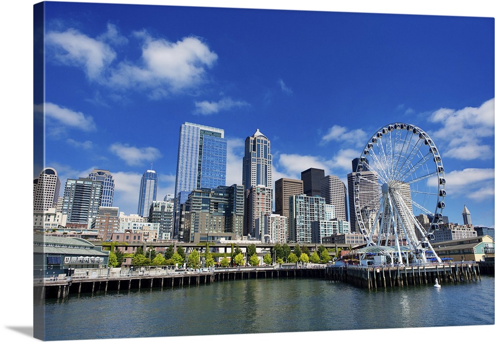 Seattle Ferris Wheel, Skyline, And Waterfront Sunny Day With Blue Sky And Clouds