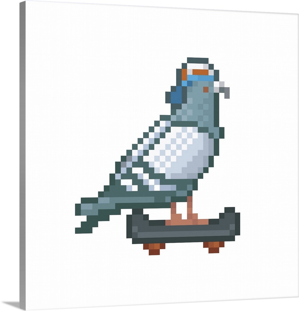 Skating pigeon, pixel art illustration.