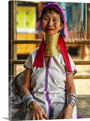 Smiling Long-Neck Kayan Padaung Woman In Tribal Village In Myanmar, Burma