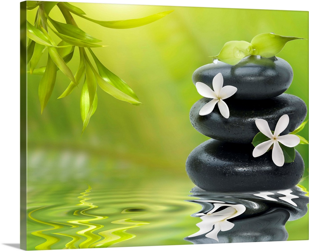 Spa still life with white flowers on the black stones and bamboo leaves.