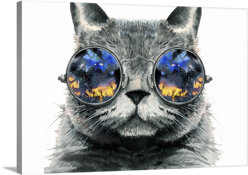 A whimsical contemporary illustration of a cat wearing round sunglasses reflecting a starry outdoor night sky scene