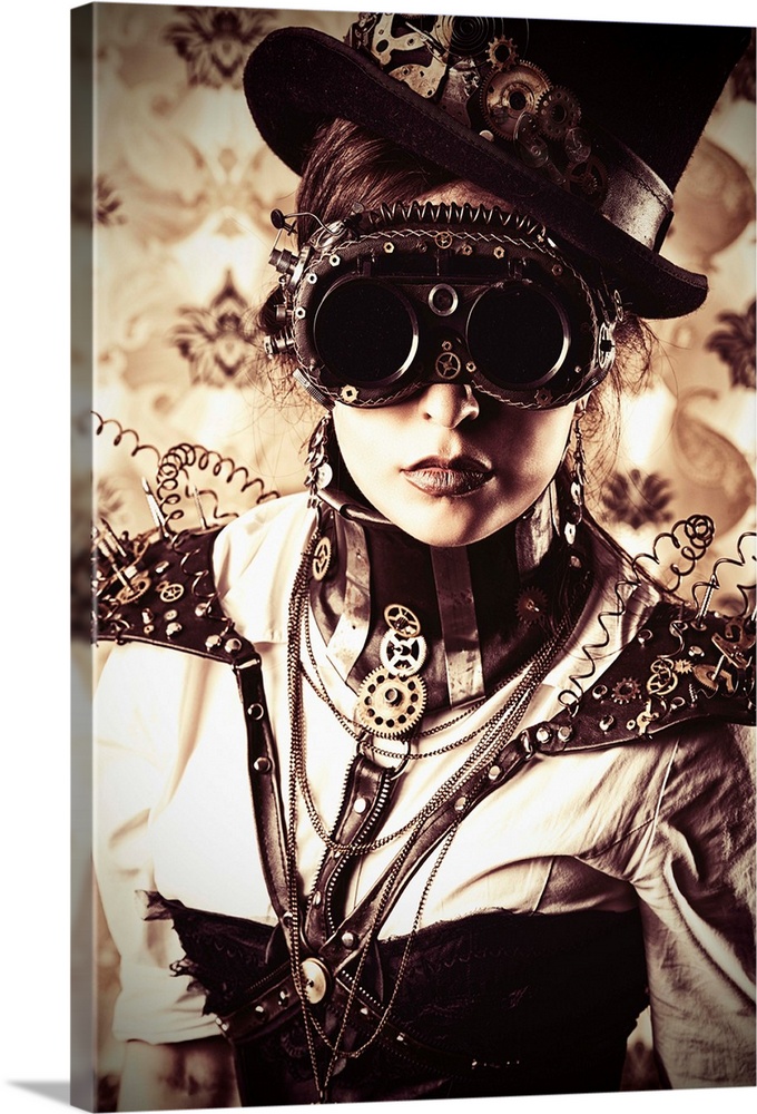 Portrait of a beautiful steampunk woman over vintage background.