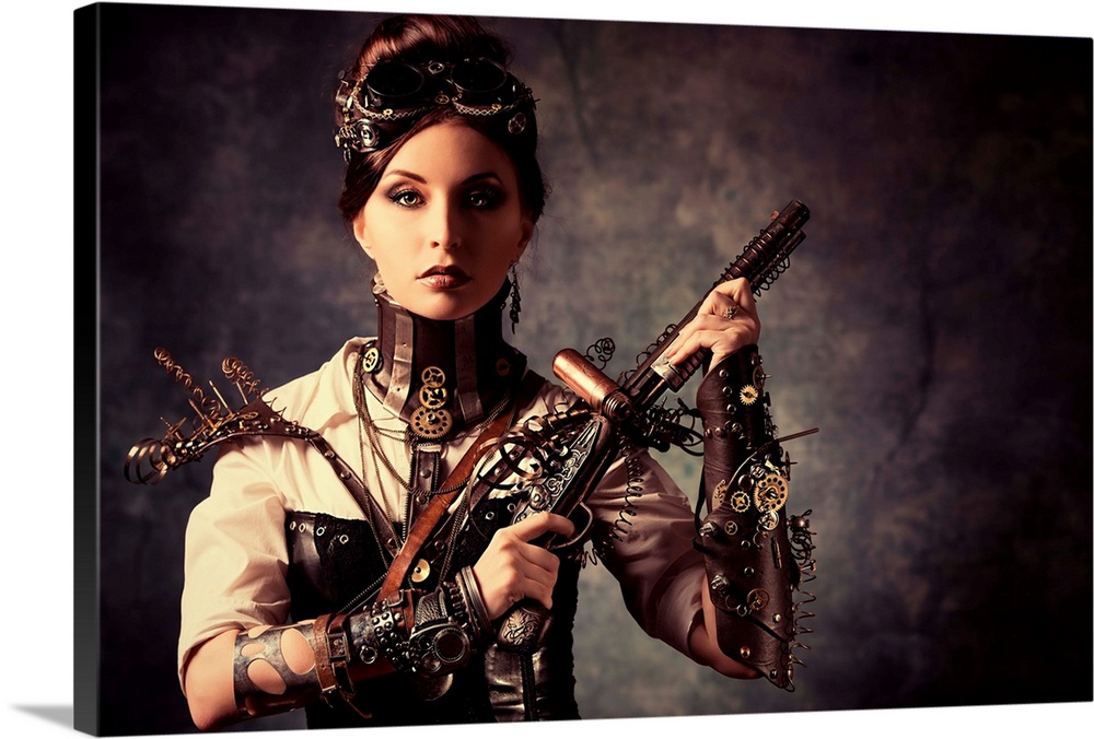 Portrait of a beautiful steampunk woman holding a gun over grunge background.