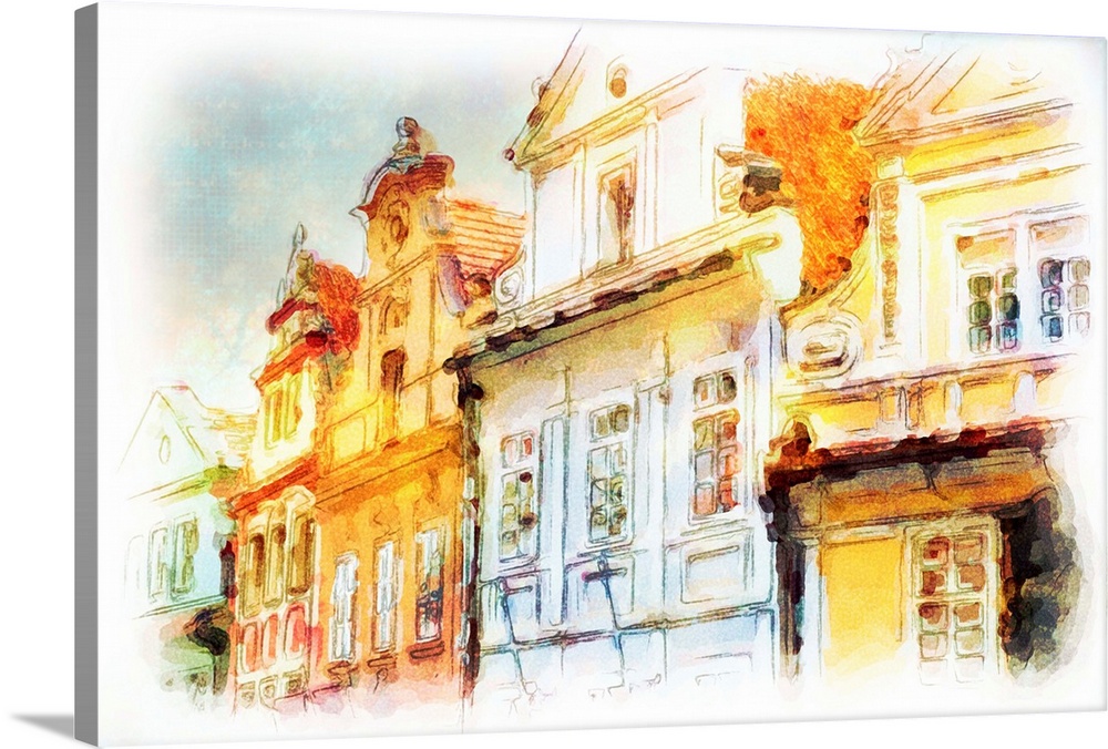 street in old part of prague made in artistic watercolor style with texture. architectural detail