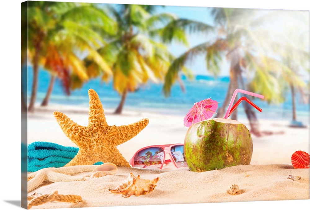 Summer coconut cocktail on tropical beach.