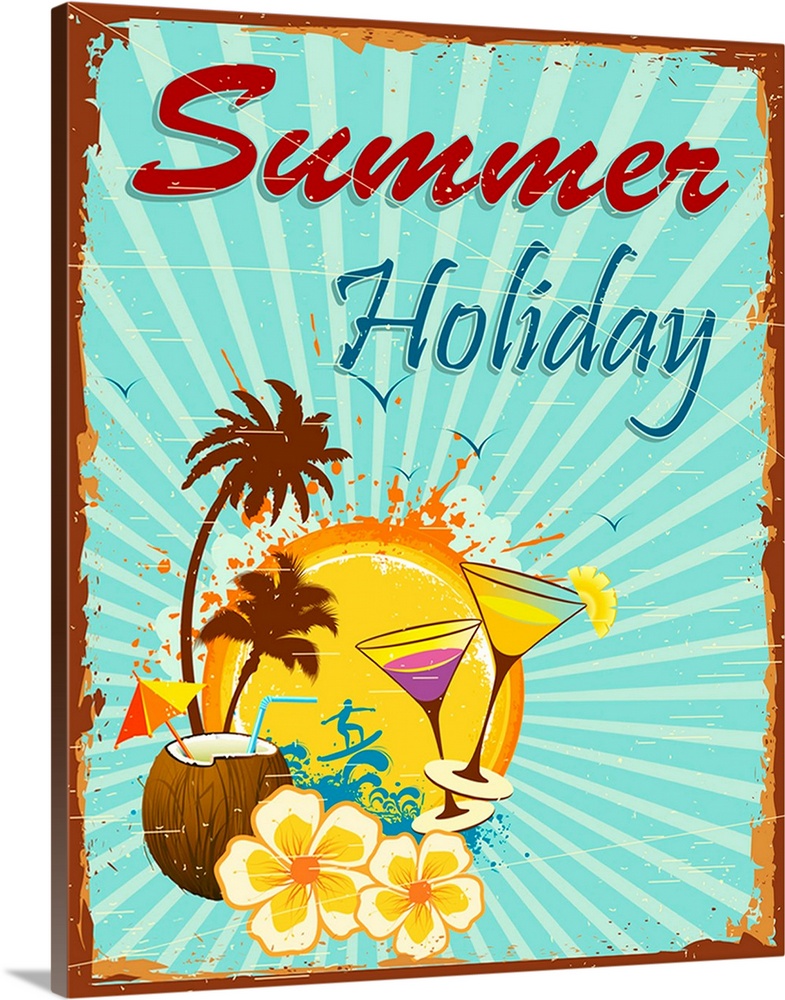 illustration of summer holiday poster with palm tree and coconut